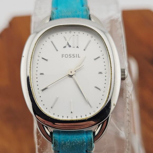 Fossil Women's Silver Tone Simple Watch Teal Leather Strap ES-3559 Roman Numeral - Picture 2 of 6